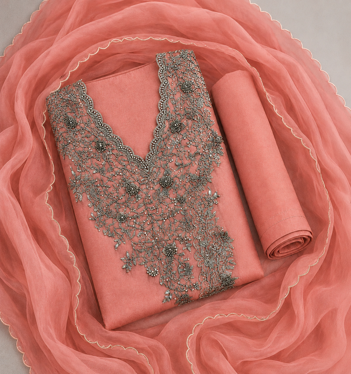Coral Blossom Embroidered Suit Piece