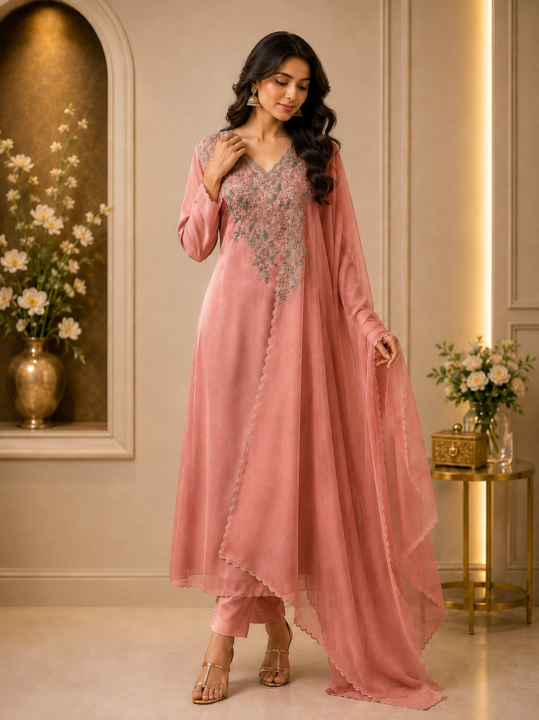 Coral Blossom Embroidered Suit Piece