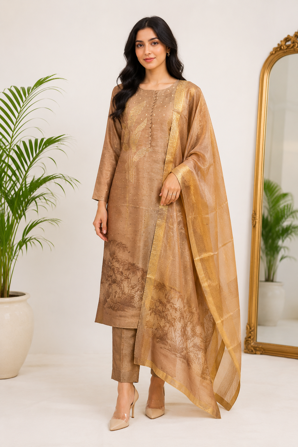 Golden Beige Roman Silk Blend Embroidered Suit Set