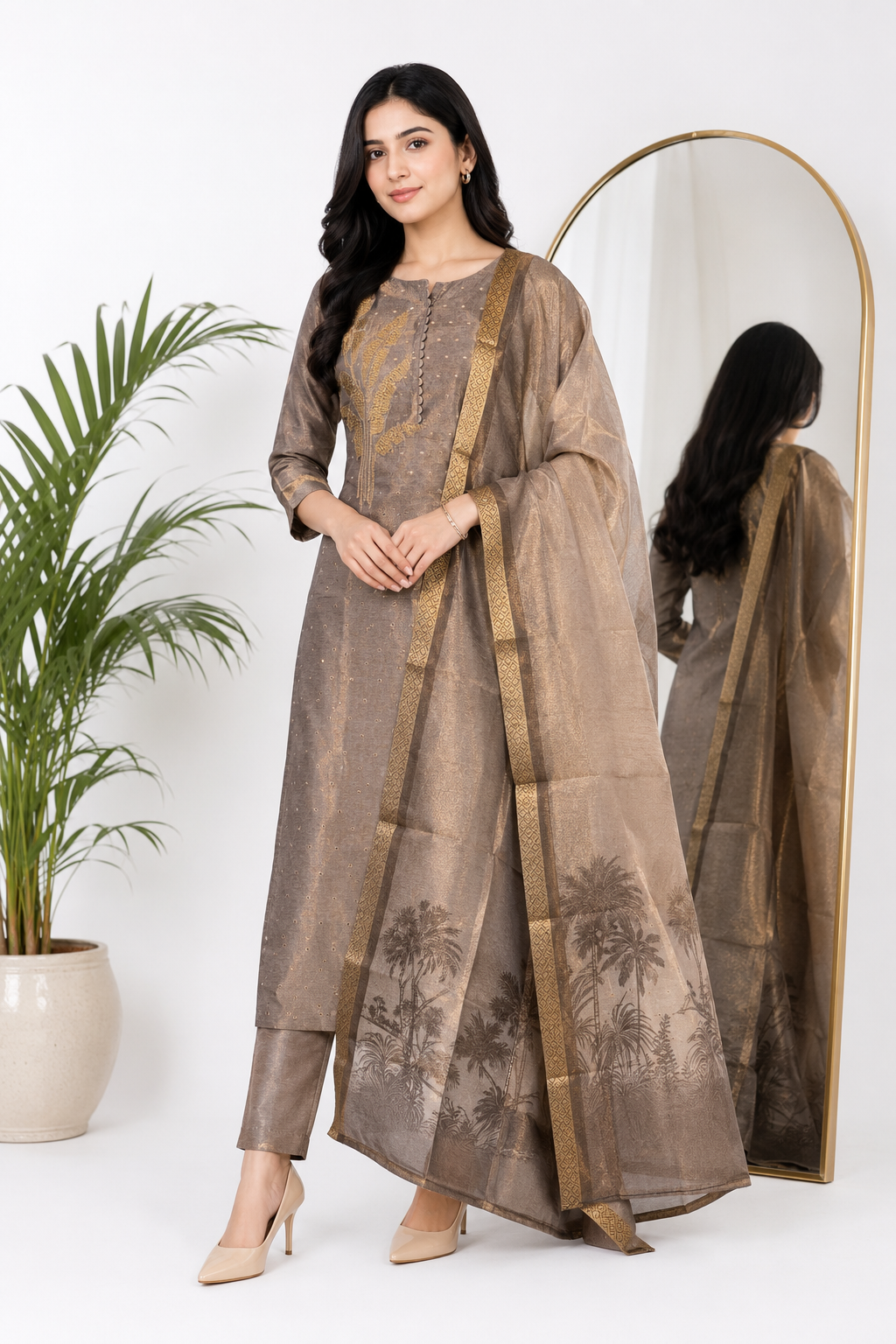 Taupe Brown Botanical Embroidered Suit Set