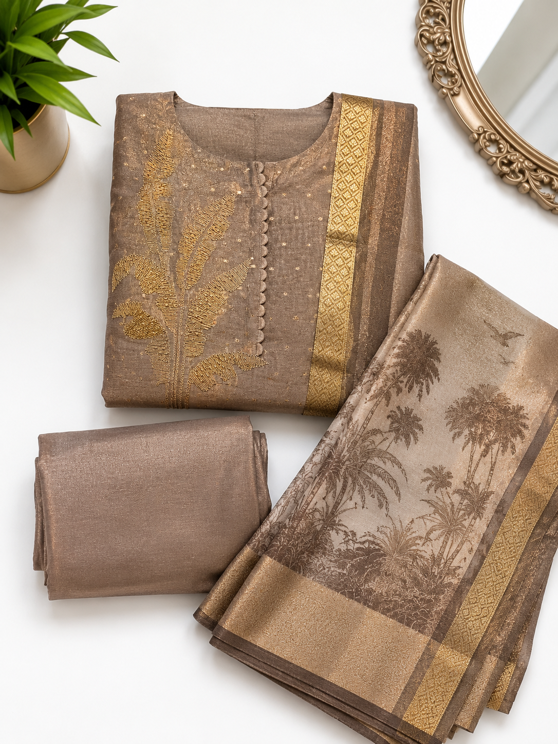 Taupe Brown Botanical Embroidered Suit Set
