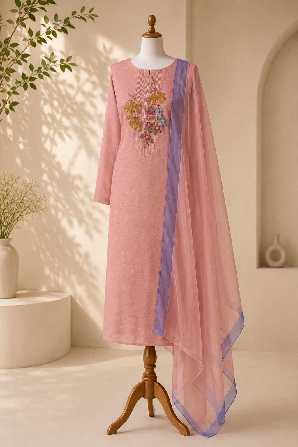 Blush Pink Bird Embroidered Suit Piece