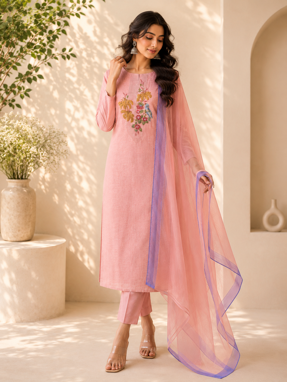 Blush Pink Bird Embroidered Suit Piece