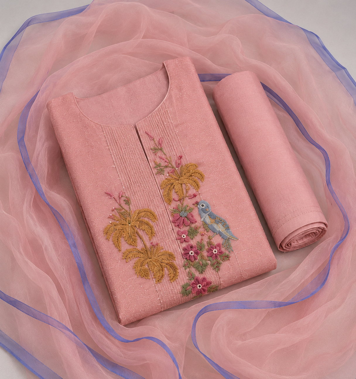 Blush Pink Bird Embroidered Suit Piece
