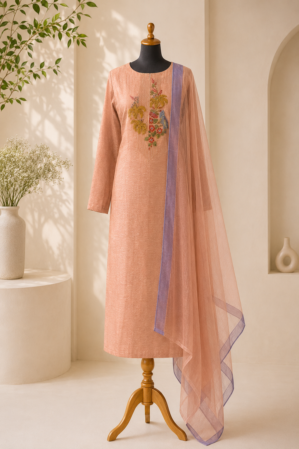 Peach Bird Embroidered Suit Piece