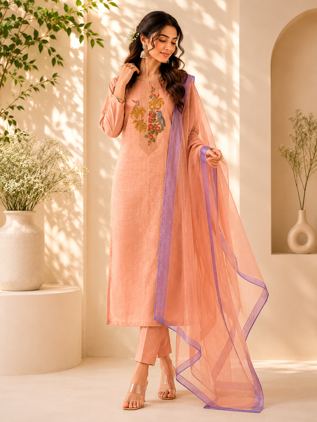 Peach Bird Embroidered Suit Piece