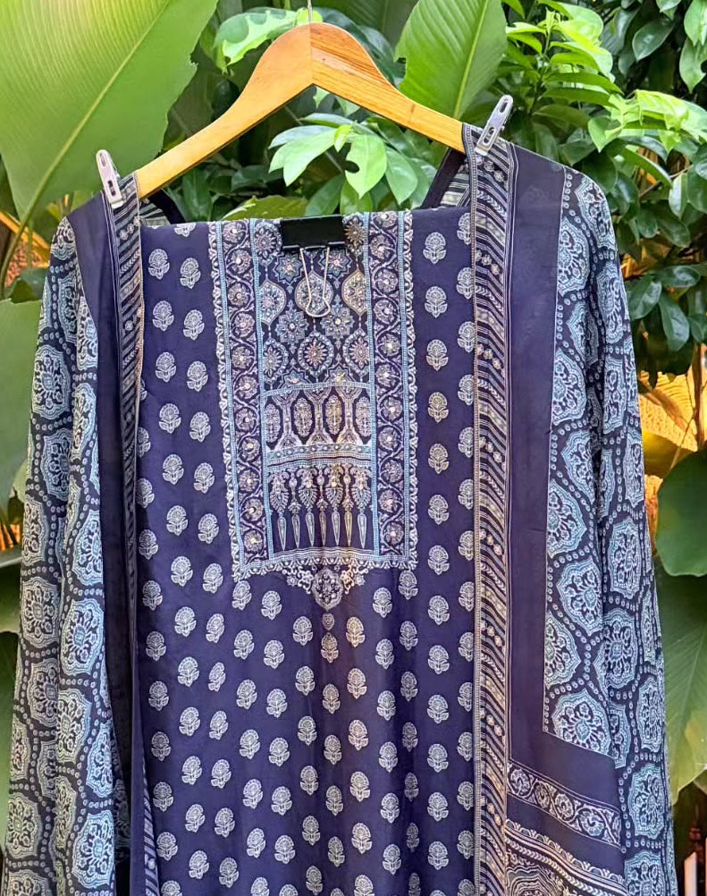Navy Blue Printed Unstitched Cotton / Chanderi Suit Material with Embroidered Neck Yoke