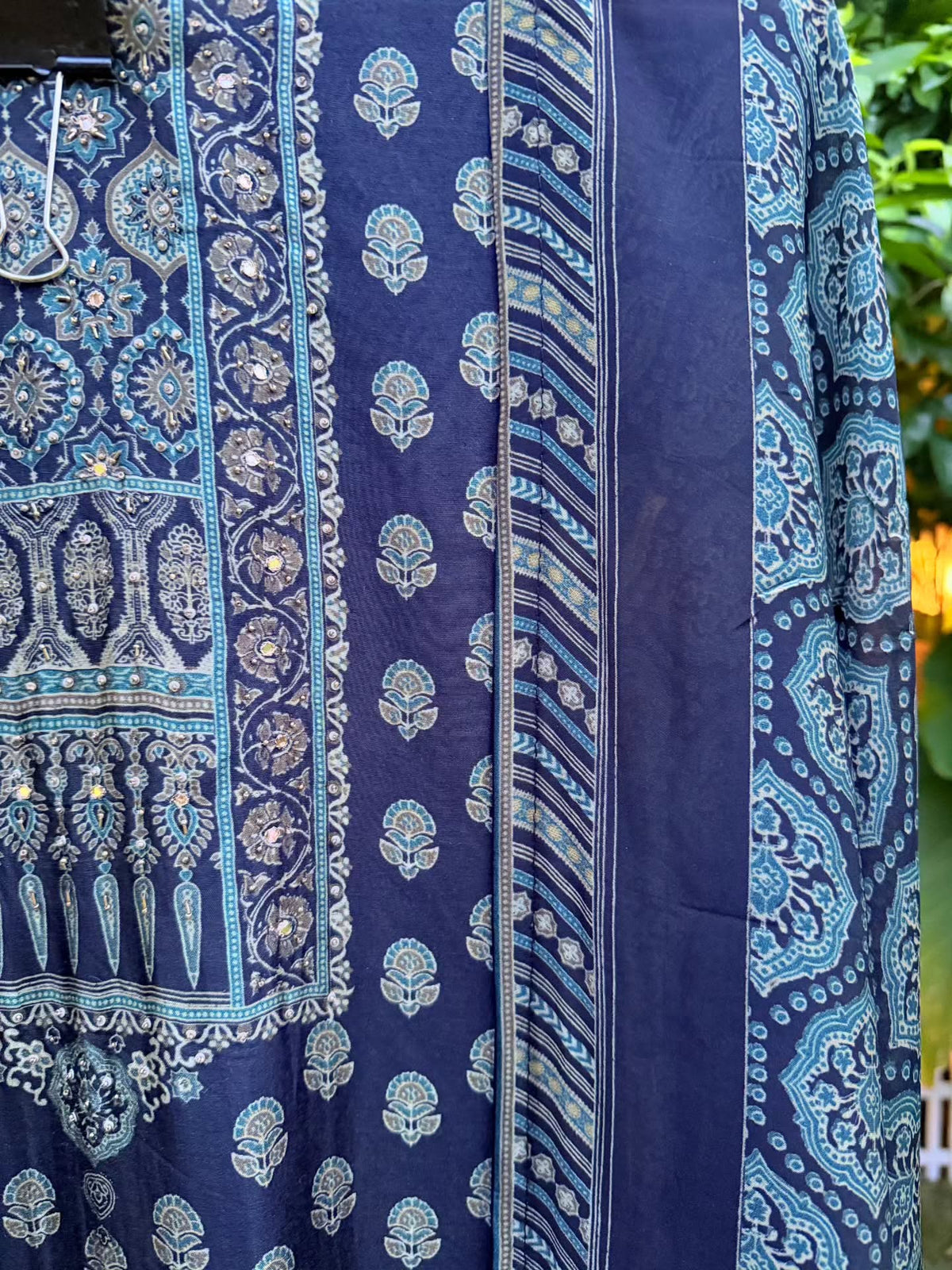 Navy Blue Printed Unstitched Cotton / Chanderi Suit Material with Embroidered Neck Yoke