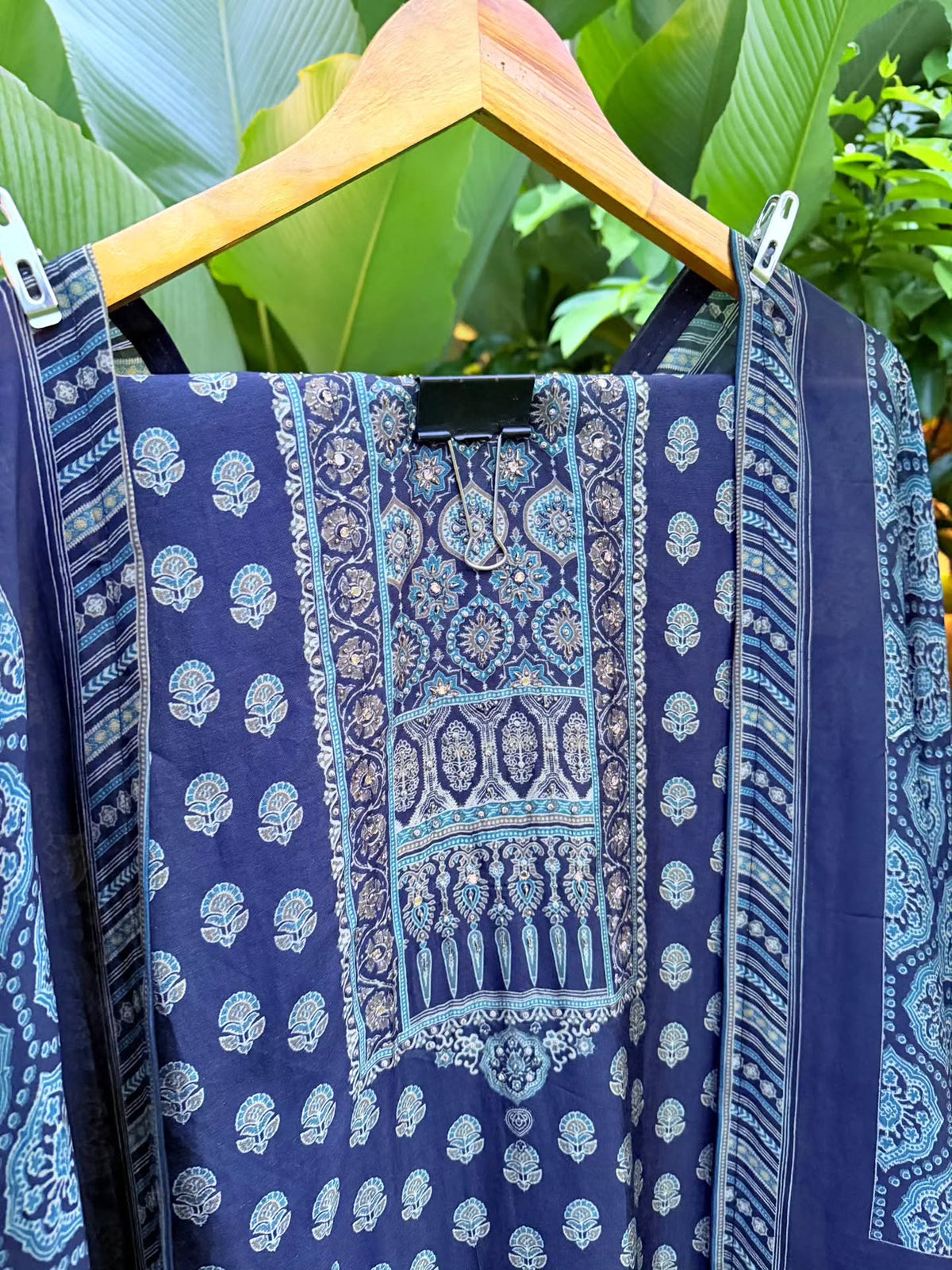 Navy Blue Printed Unstitched Cotton / Chanderi Suit Material with Embroidered Neck Yoke