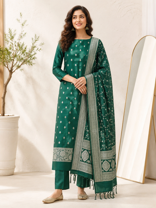Emerald Grace Woven Silk Unstitched Suit Set