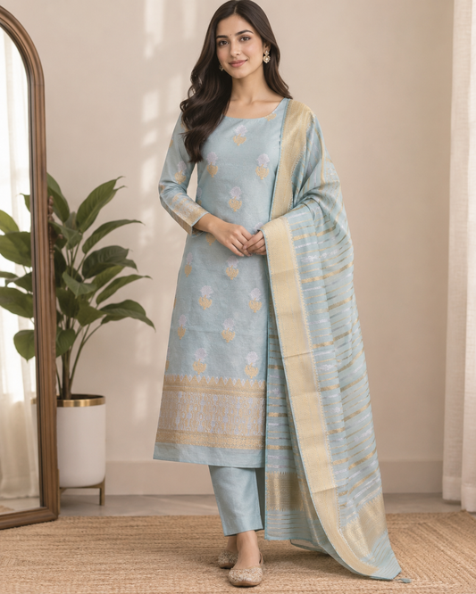 Silk Pastel Blue Unstitched Suit