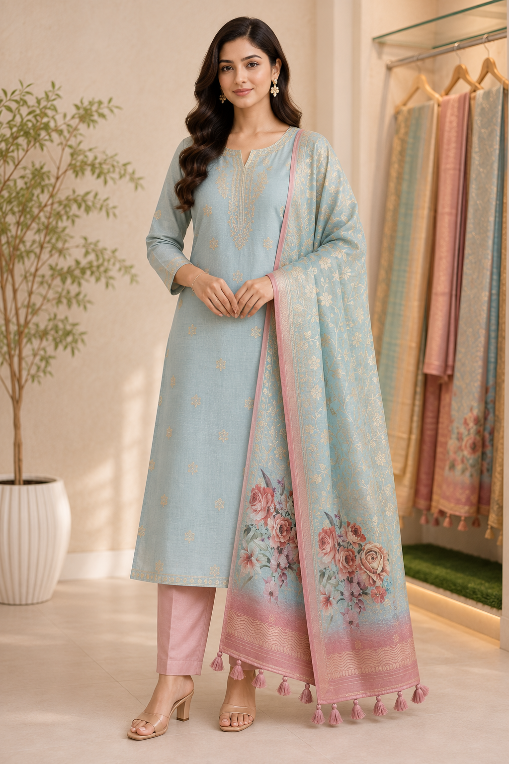 Silk Pastel Blue Print Unstitched Suit