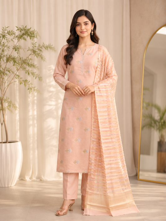 Silk Pastel Peach Unstitched Suit