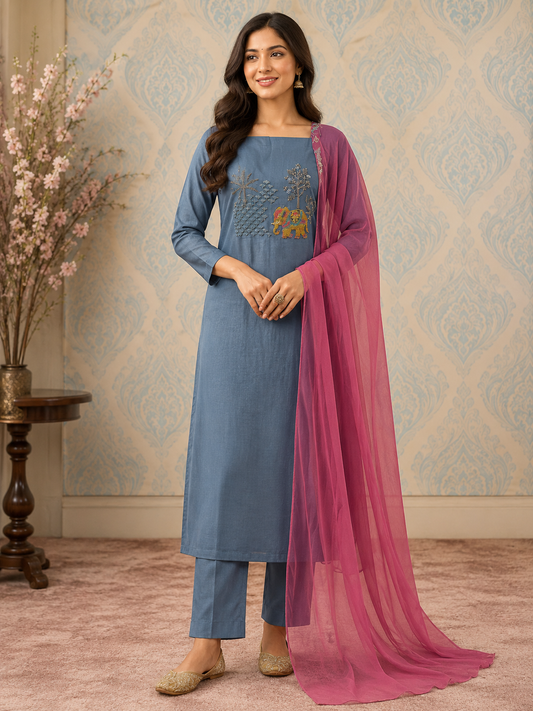 Silk Zardozi Beats  Blue Unstitched Suit