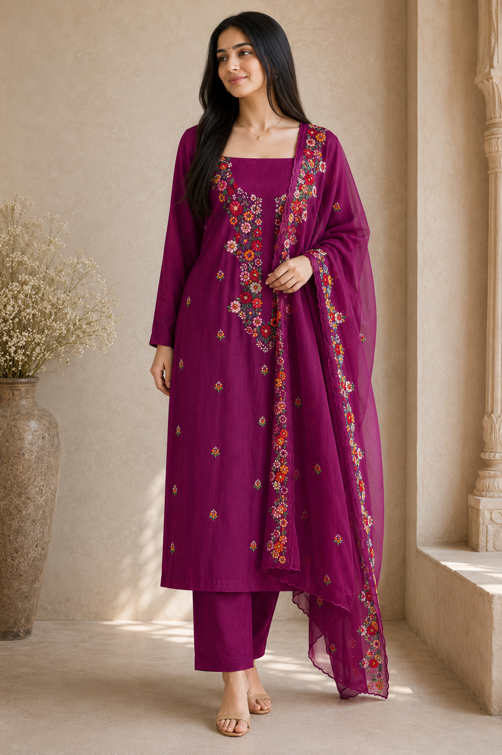 Royal Fuchsia Floral Embroidered Suit Set
