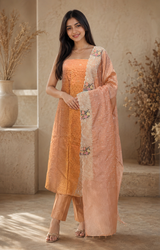 Peach Blossom Embroidered Banarasi Unstitched Suit Set