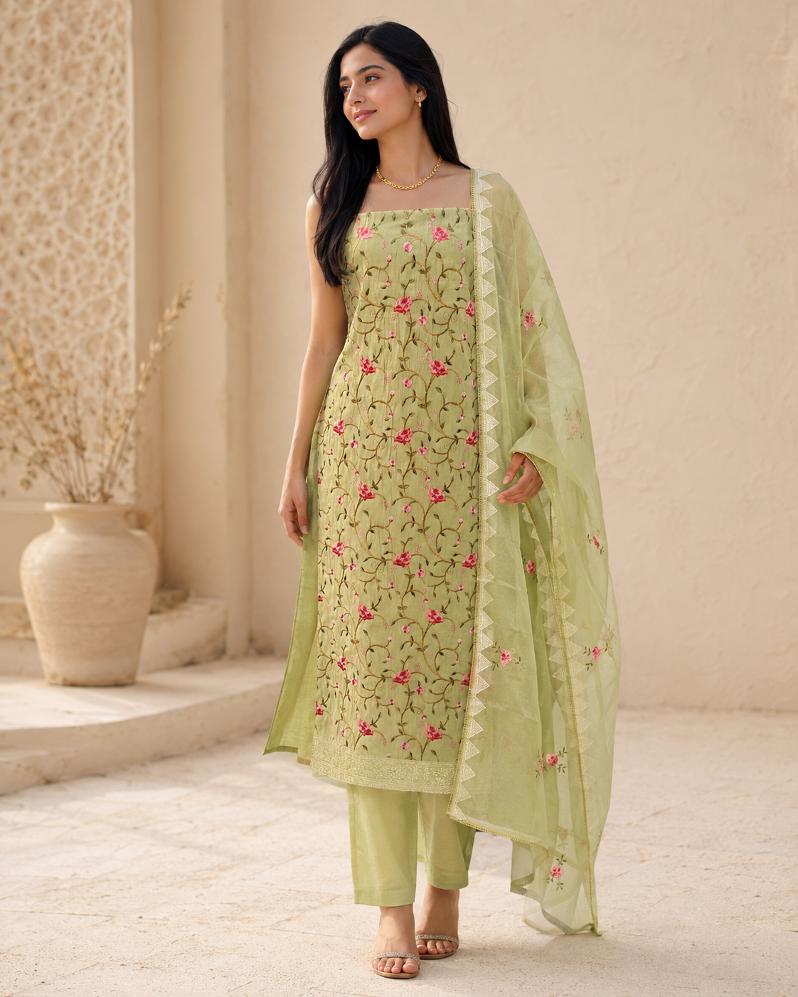 Pistachio Blossom Embroidered Suit Set