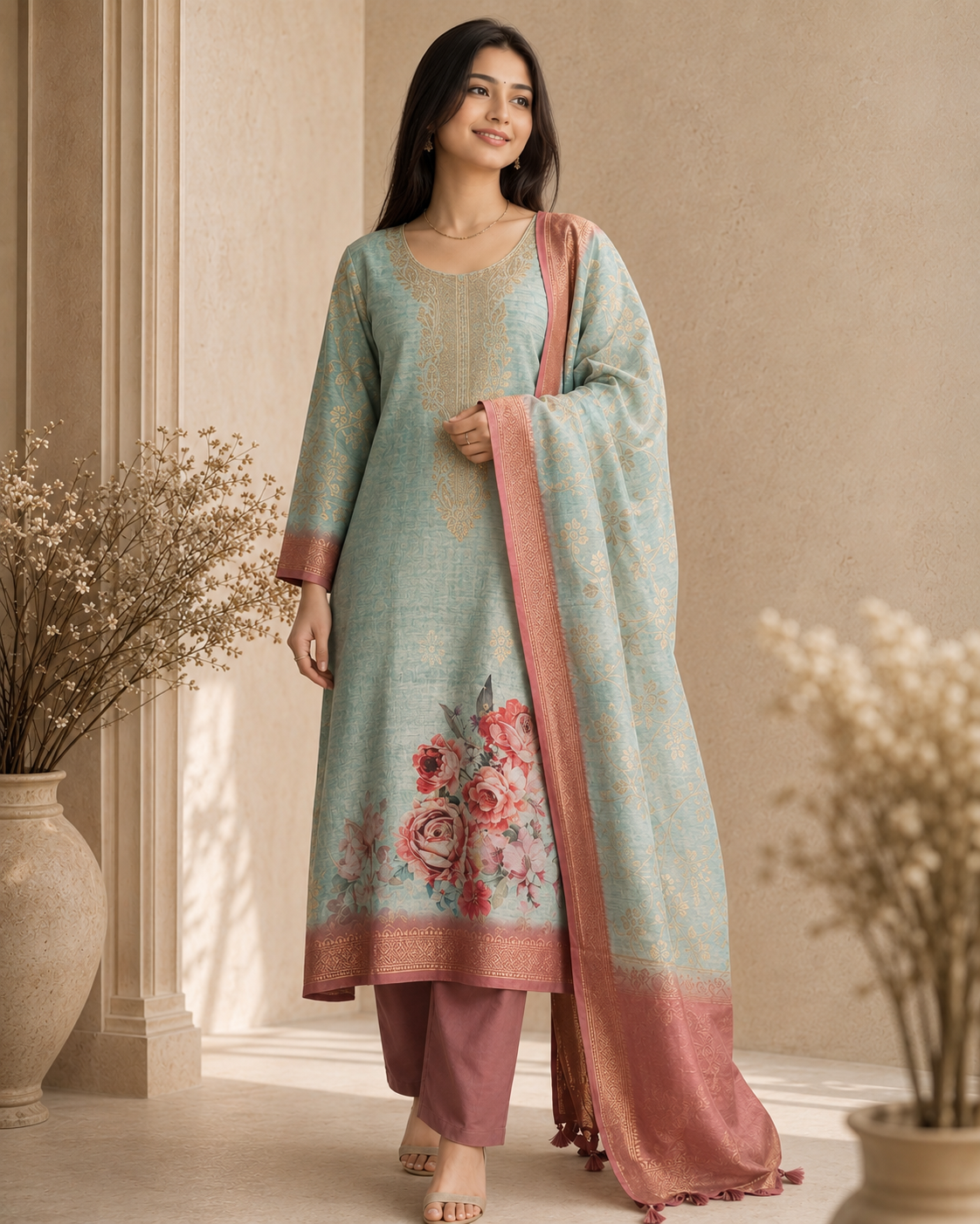 Silk Pastel Blue Print Unstitched Suit