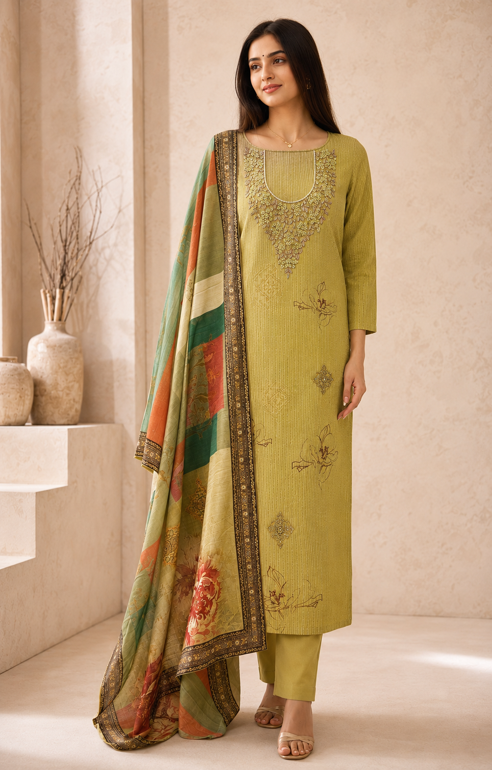 Olive Meadow Embroidered Suit Set