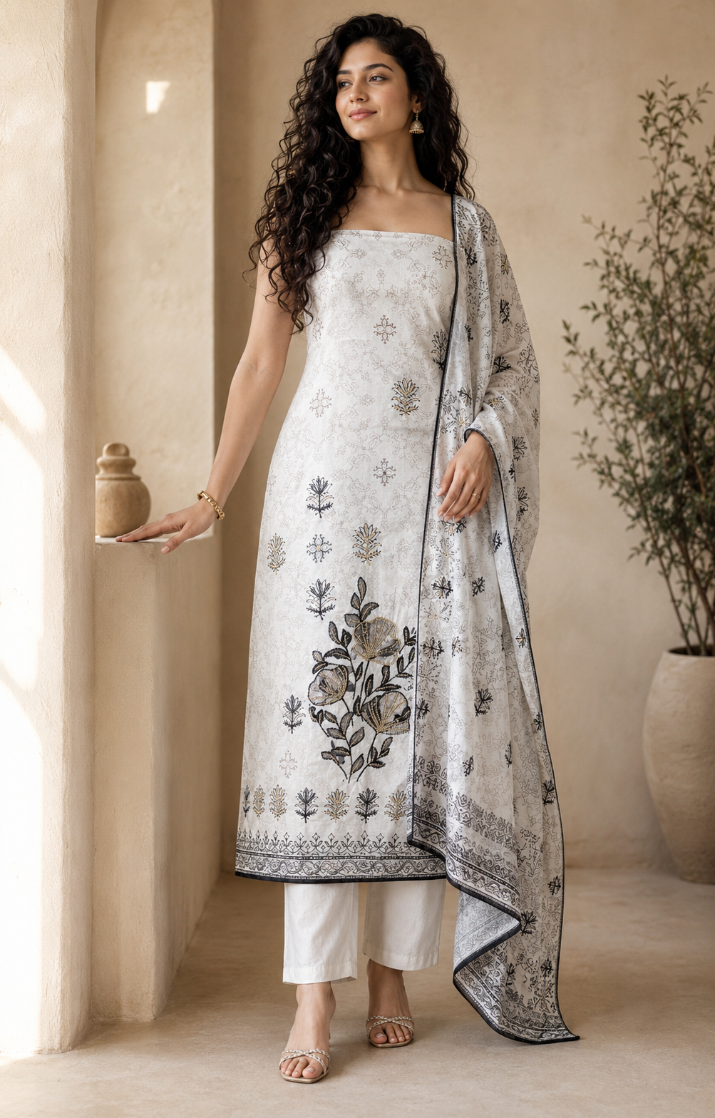 Ivory Noir Botanical Cotton Suit Set