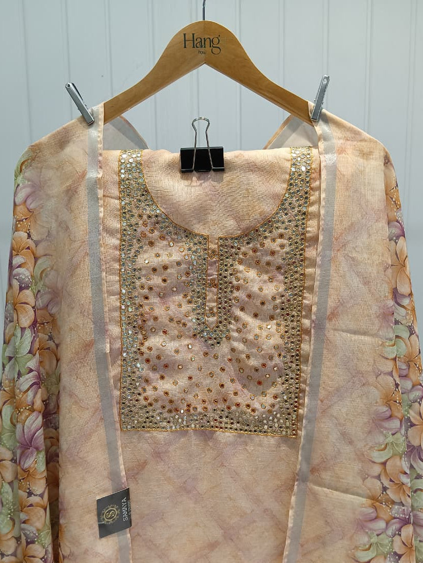 2.N Beige Floral Embroidered Cotton Unstitched Kurta Set