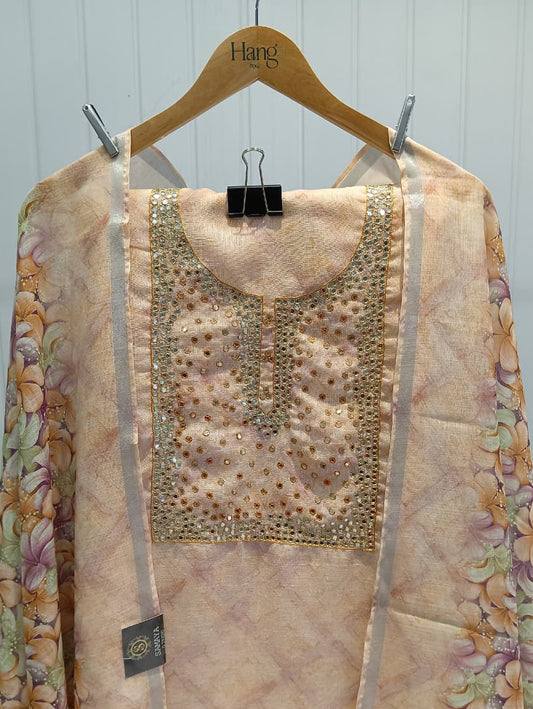 2.N Beige Floral Embroidered Cotton Unstitched Kurta Set