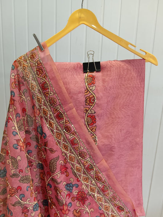 2.P Soft Pink Floral Printed Cotton Unstitched Kurta Set
