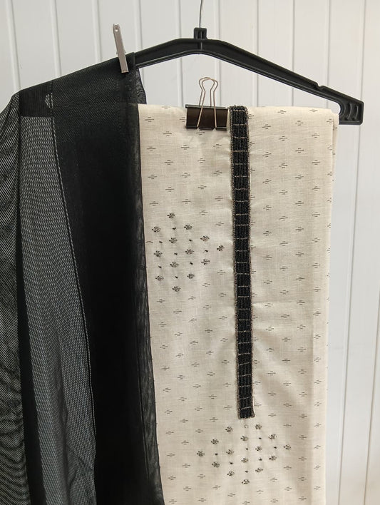 2.O Off-White & Black Floral Embroidered Cotton Unstitched Kurta Set