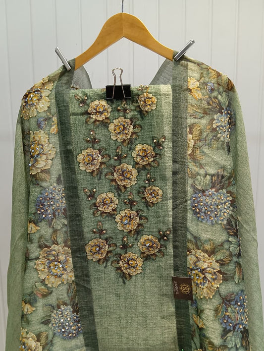 2.L Olive Green Floral Embroidered Cotton Unstitched Kurta Set