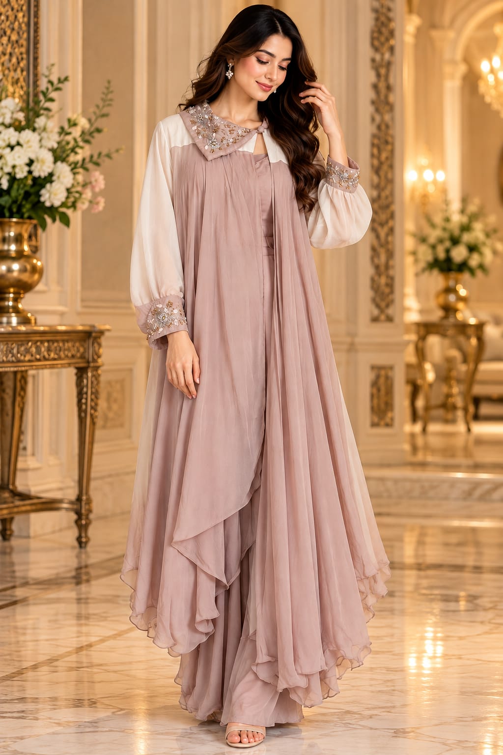 Dusty Mauve Embroidered Indo-Western Draped Layered Gown / Anarkali Set