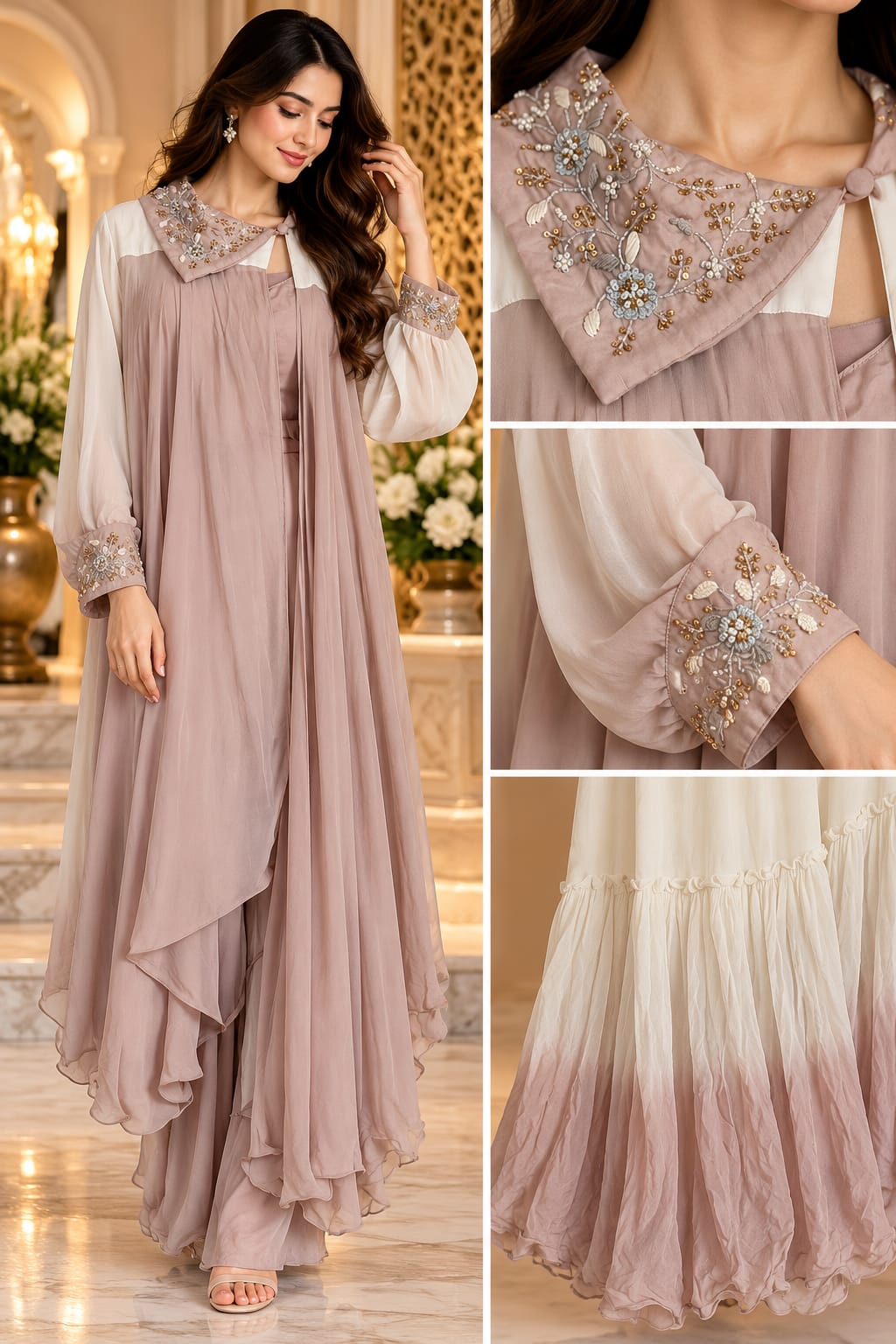 Dusty Mauve Embroidered Indo-Western Draped Layered Gown / Anarkali Set