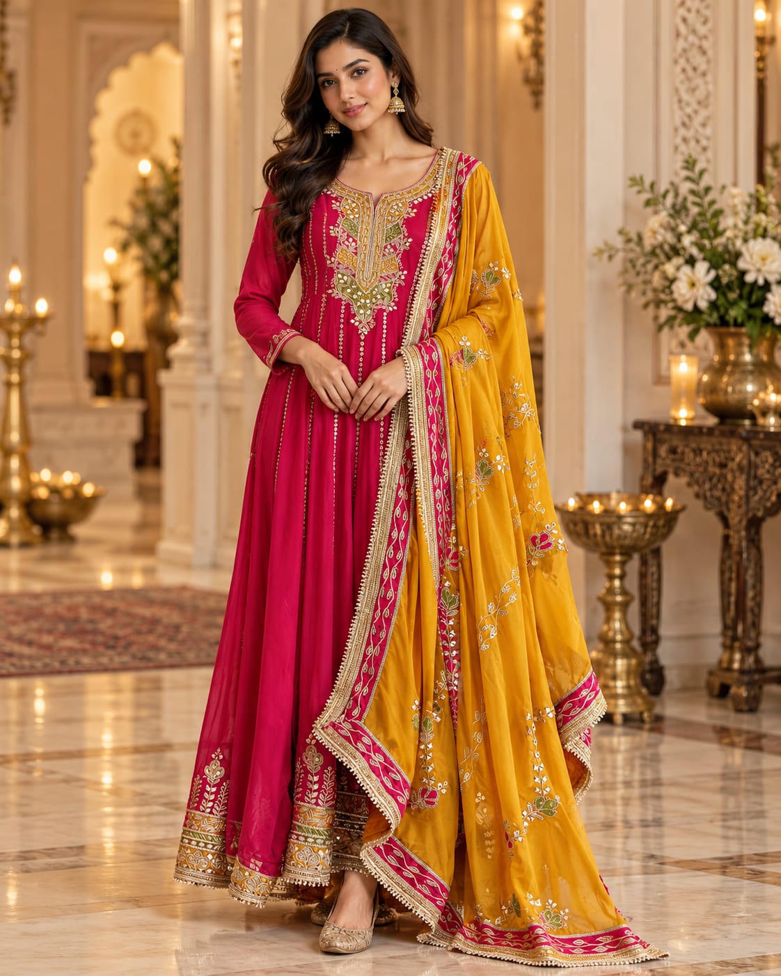 Magenta Pink Embroidered Anarkali Suit Set with Mustard Yellow Dupatta