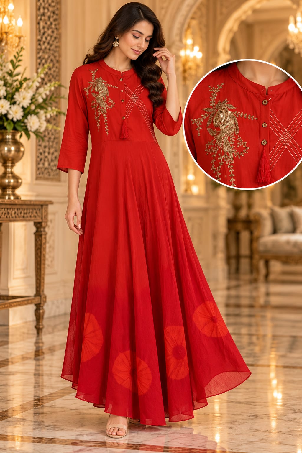 Crimson Red Embroidered Indo-Western Bandhani Print Anarkali Gown / Maxidress