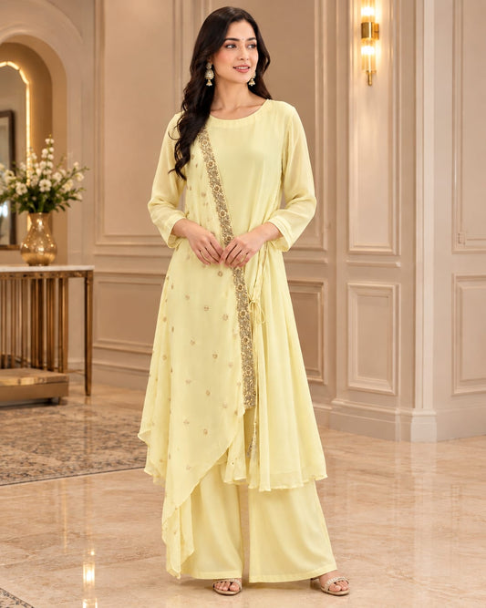Pastel Yellow Asymmetric Indo-Western Kurti Set with Palazzos