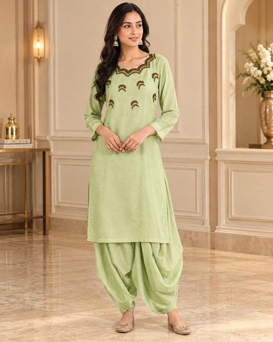 Pastel Green Embroidered Straight Kurti with Patiala Salwar Set