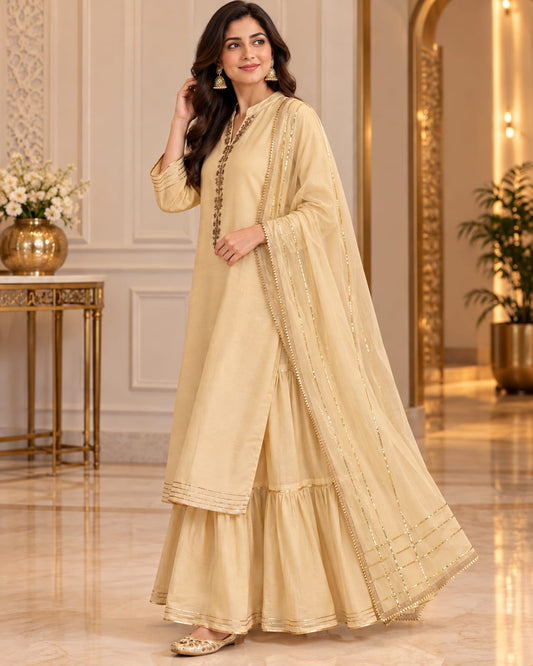Golden Beige Sharara Suit Set with Matching Dupatta