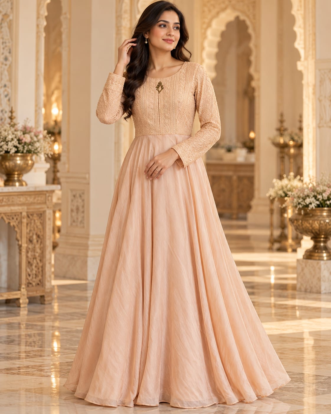 Title: Peach Embellished Floor-Length Anarkali Gown