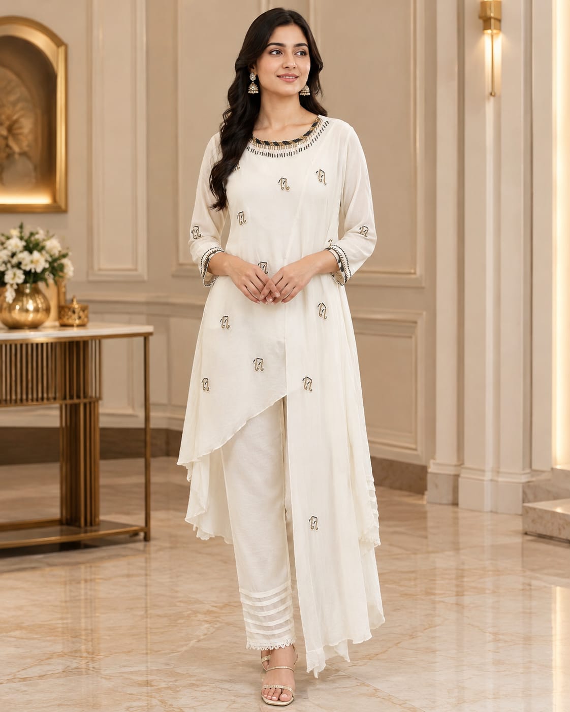 Off-White Asymmetric Indo-Western Kurti Set with Trousers