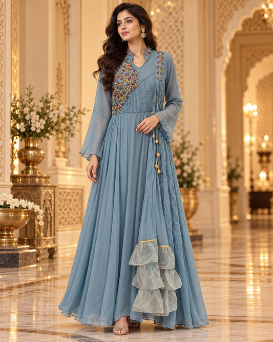 Slate Blue Asymmetric Layered Anarkali Gown with Ruffle Hem