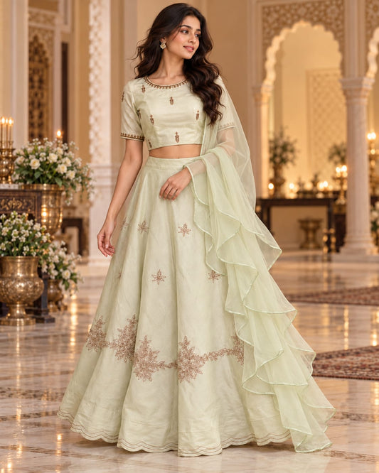 Pastel Green Embroidered Crop Top Lehanga Set with Ruffled Dupatta