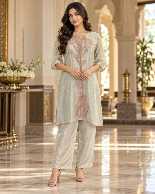 Sage Green Embroidered Straight Kurti with Trousers Co-ord Set