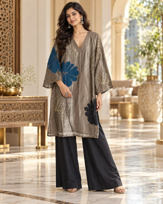 Golden Beige & Blue Floral Embroidered Straight Kurti with Trousers Co-ord Set
