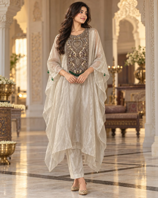 Off-White & Green Embellished Kaftan Kurti with Trousers Set