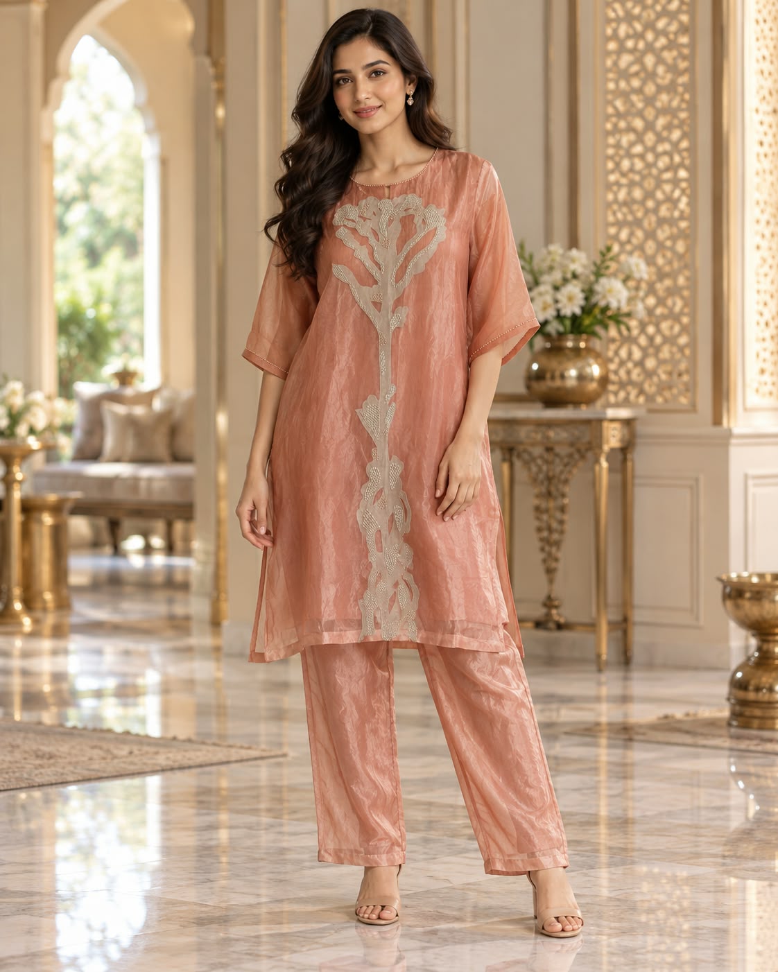 Peach Embellished Straight Kurti with Trousers Co-ord Set