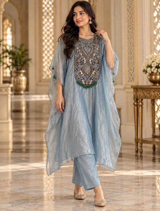 Slate Blue & Silver Embellished Kaftan Kurti with Trousers Set