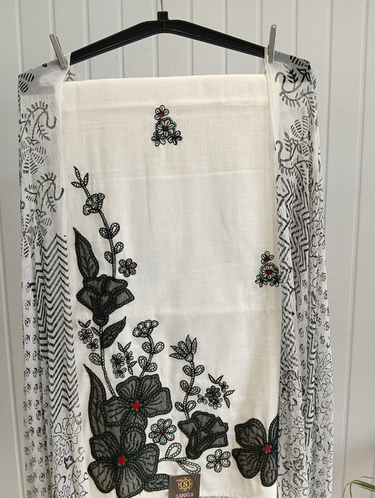 2.J White Floral Embroidered Cotton Unstitched Kurta Set