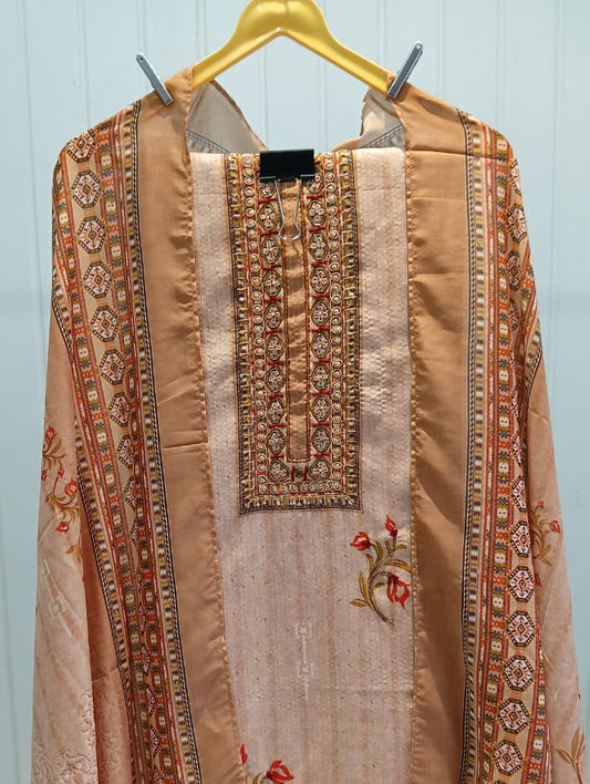 2.M Dusty Pink Floral Embroidered Cotton Unstitched Kurta Set