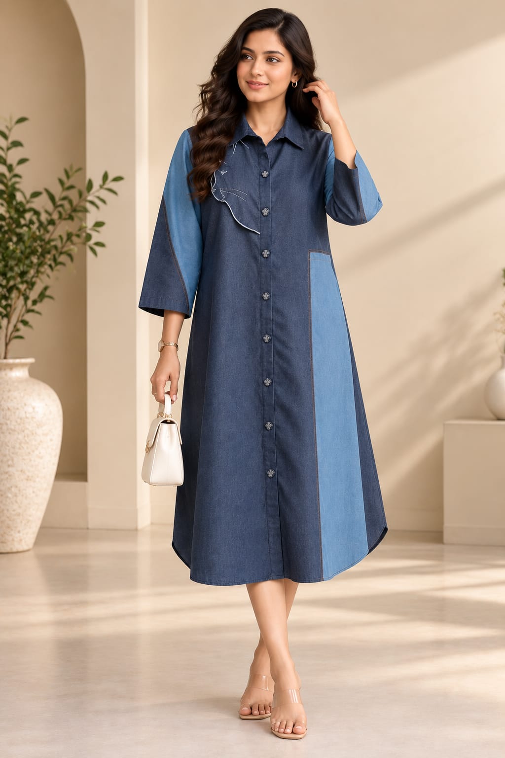 Dual-Tone Denim Blue Panel A-Line Midi Dress