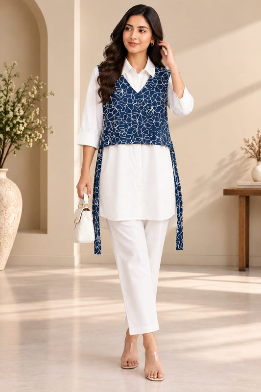 White Tunic Shirt with Printed Blue Crop Jacket Co-Ord Set