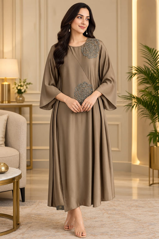 Taupe Brown Side Floral Embroidered Flared Midi Dress